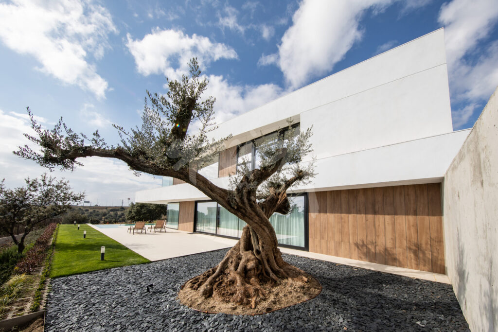 Chalet de lujo en Boadilla del Monte con fachada moderna, jardín cuidado y gran ventanal al exterior