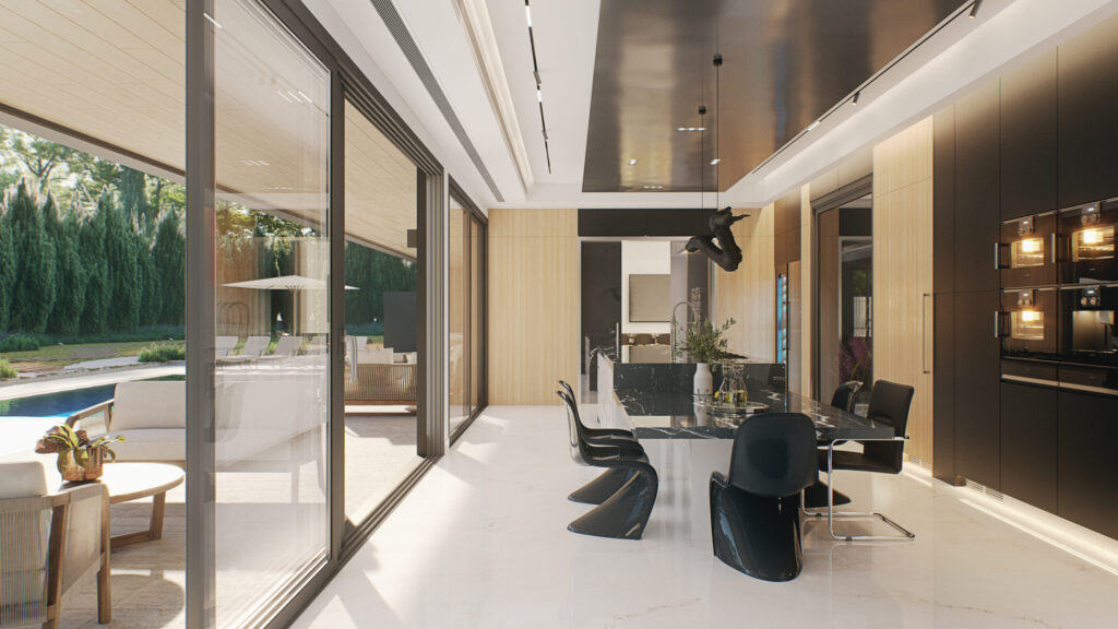 Cocina moderna con isla y comedor integrada en vivienda unifamiliar de diseño contemporáneo