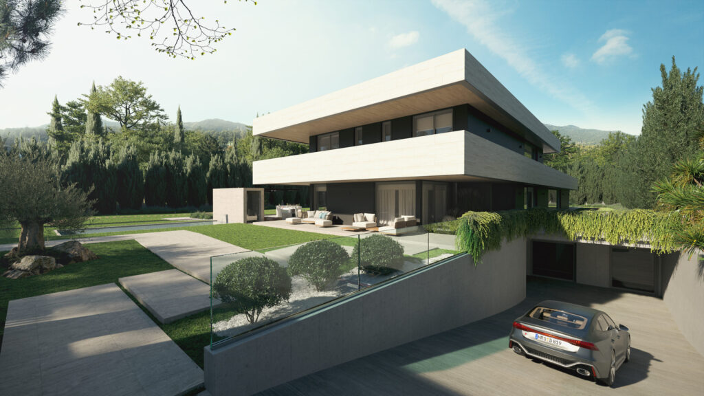 Vivienda moderna de arquitectura contemporánea con volúmenes geométricos, líneas rectas y estética sobria integrada en el entorno natural