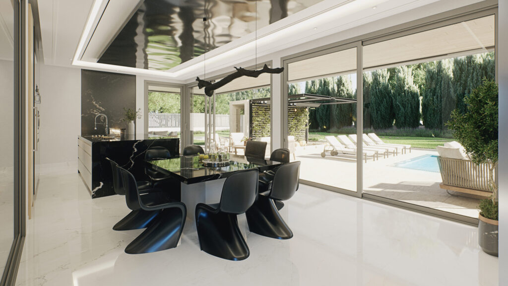 Espacio interior moderno con grandes ventanales, cerramientos eficientes y diseño orientado al aislamiento térmico del hogar