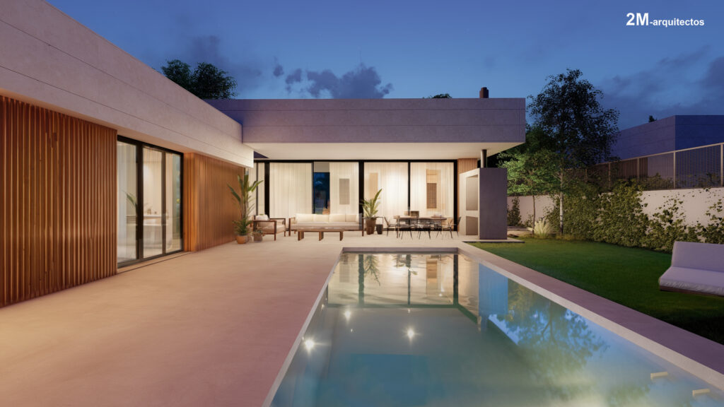 Vivienda moderna con interiorismo sostenible, uso de madera natural, iluminación eficiente y conexión interior exterior junto a piscina