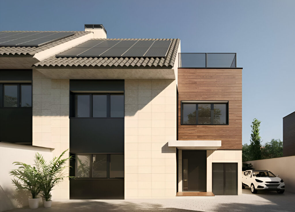 Garaje integrado en vivienda unifamiliar moderna con diseño contemporáneo y placas solares en cubierta