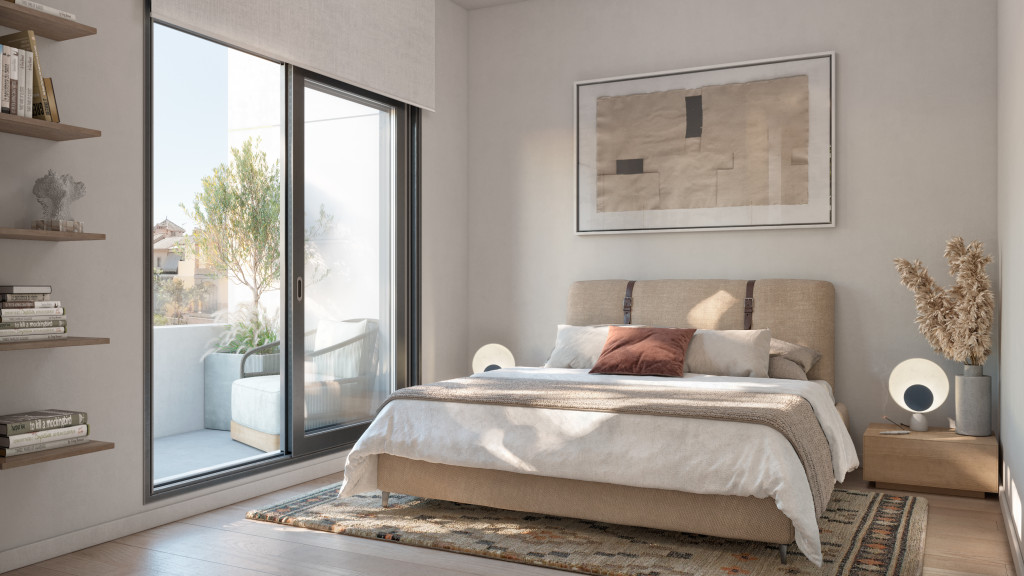 Dormitorio para adolescentes con diseño moderno, tonos neutros y mobiliario funcional