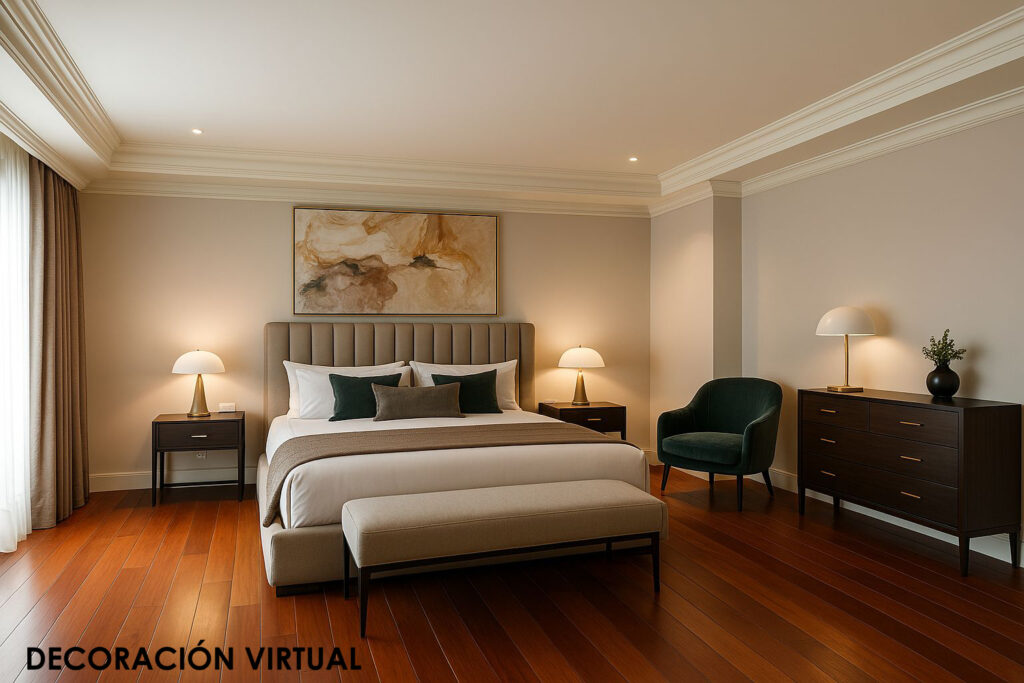 Dormitorio principal con cama doble, iluminación cálida y decoración virtual de estilo contemporáneo