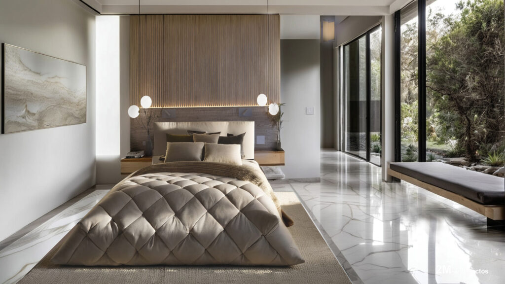 Dormitorio moderno con diseño elegante, tonos neutros y grandes ventanales con vistas al exterior