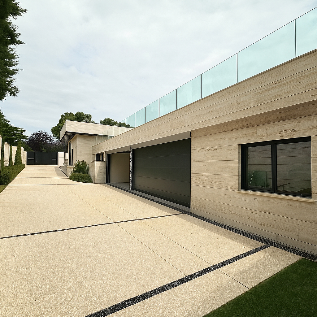 Vivienda unifamiliar de diseño moderno con fachada de piedra, garaje integrado y líneas arquitectónicas horizontales